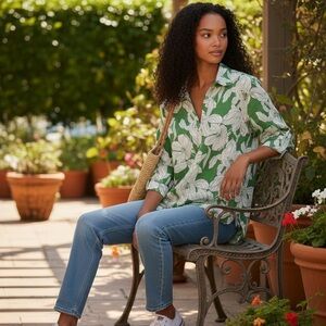 Tahari tropical White Floral Print 100% Linen Shirt on Green SZ 2X